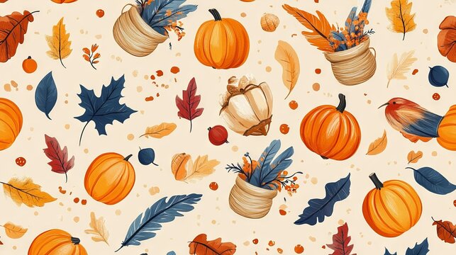 A colorful autumn scene with pumpkins, leaves, and other fall decorations