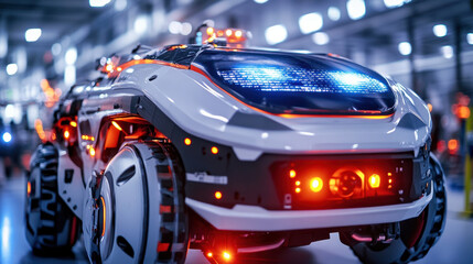 futuristic robot with sleek design and bright LED lights stands in high tech environment, showcasing advanced technology and innovation