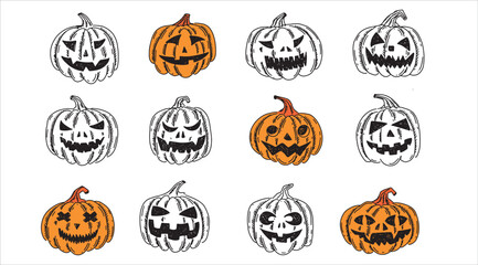Halloween pumpkins set on white background. Hand drawn illustration.