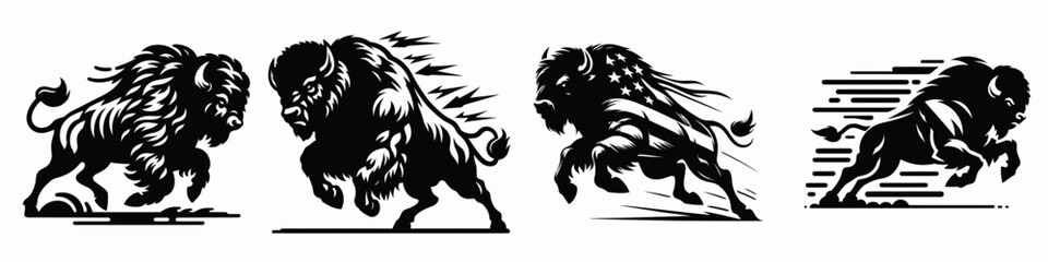 Naklejka premium Four stylized lion figures depict dynamic motion, representing strength, speed, and agility.