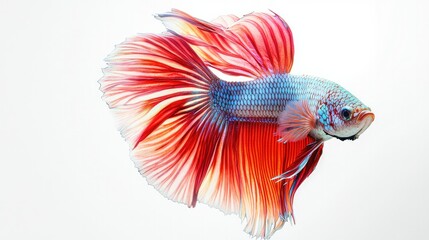 Obraz premium An artistic shot of a colorful betta fish in motion, isolated on a smooth white background to emphasize its flowing fins and vibrant colors.