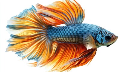 Fototapeta premium An artistic shot of a colorful betta fish in motion, isolated on a smooth white background to emphasize its flowing fins and vibrant colors.