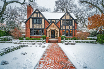 Beautiful home with brick pathway covered in snow during snowfall. House in suburban neighborhood at winter season