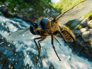 A close up of a bee with its wings spread out. The bee is flying over a body of water