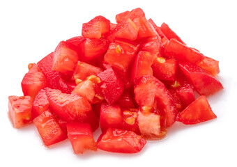 Peeled and diced tomatoes isolated on white background. Macro shot.