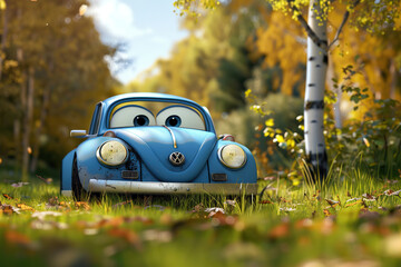 A beautiful fictional cartoon car with pronounced headlights on a colorful background