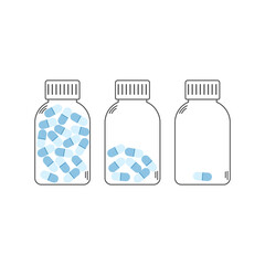 Outlined medical containers filled with blue capsules, vector illustration
