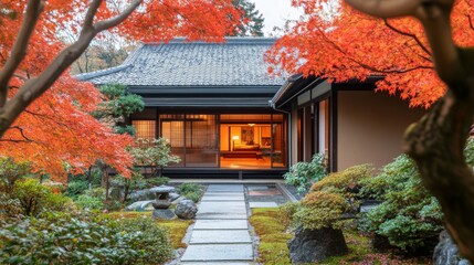A picturesque view of a traditional Japanese home during autumn, with vibrant red maple leaves framing the house and a small stone pathway leading to the entrance.