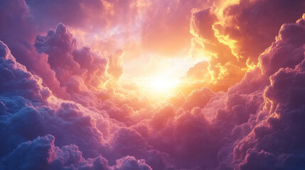 Fototapeta premium Breathtaking sunset over vibrant clouds, showcasing stunning blend of colors and textures in sky. scene evokes sense of wonder and tranquility