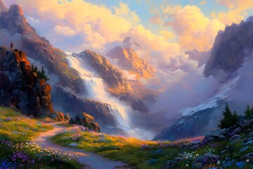 Peaceful pastel toned mountainscape with a winding path leading to breathtaking vistas a cascading waterfall tumbling over the rocks a wildflower covered meadow in the foreground