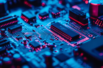 Obraz premium A close up of a computer chip with red and blue colors. Concept of technology and innovation