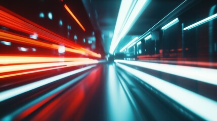 A dynamic representation of motion with streaks of red and blue light, suggesting speed.