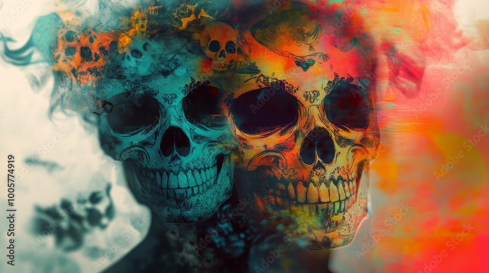 Poster Vivid double exposure effect blending Day of the Dead skulls with colorful and abstract elements.