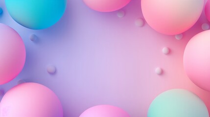 A colorful background with pink, blue, and green spheres. The spheres are scattered around the background, creating a sense of movement and energy. Scene is playful and vibrant, with the bright colors