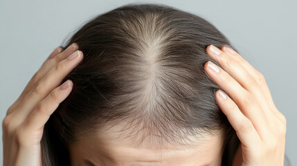 Fototapeta premium A person looks distressed, holding their head in their hands. They are clearly upset about losing their hair. Their hair is thinning, with patches of baldness visible.