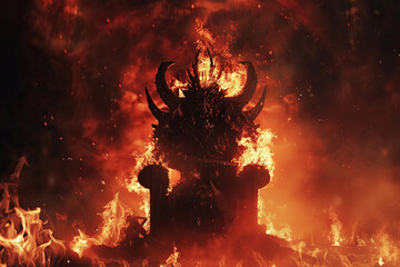 Scary sinister devil is in hell with dramatic fire lighting