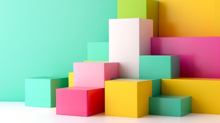Obraz premium Colorful stack of blocks with a green background. The blocks are in various colors, including pink, yellow, and green. Concept of creativity and playfulness