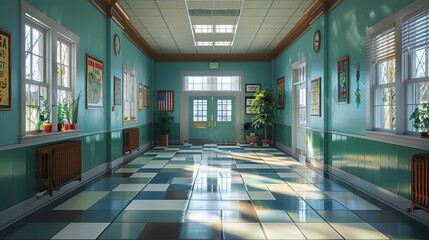 Vintage School Hallway Interior with Tiled Floor and Green Walls