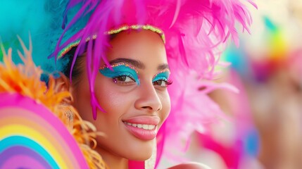 Obraz premium Woman with a colorful headdress and makeup is smiling. Concept of joy and celebration, as the woman is participating in a festival or a colorful event. The vibrant colors of her outfit