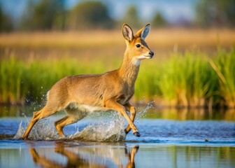 Obraz premium In Cley, Norfolk, UK, a male Chinese Water Deer elegantly leaps across the landscape in April, thriving in