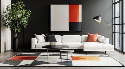 Modern living room with minimalist decor and abstract art.