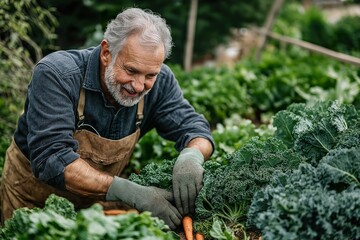 Fototapeta premium An older man cultivates his thriving vegetable garden, carefully tending to fresh greens and vibrant carrots during a sunny afternoon in spring