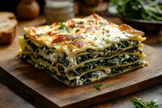 Delicious spinach and ricotta lasagna plated on a wooden board, garnished with fresh herbs, captured in a cozy kitchen setting during dinner preparation