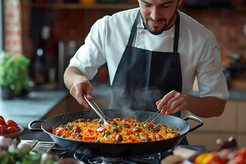 A chef skillfully preparing a vibrant dish of paella in a modern kitchen filled with fresh ingredients and a warm atmosphere during afternoon light