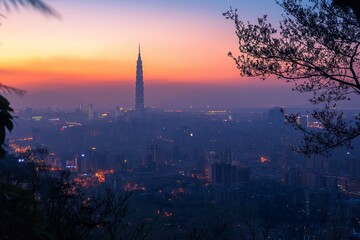 Naklejka premium Stunning sunset over the Nanjing skyline showcasing the iconic buildings and vibrant colors of twilight in China