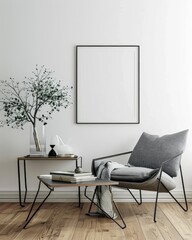 Modern Scandinavian Living Room Interior with Grey Chair and Side Tables Against White Wall