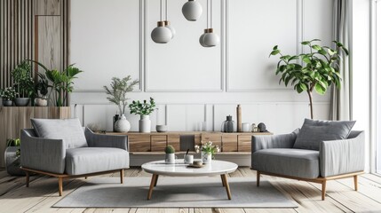 Modern Scandinavian Living Room Interior with Gray Armchairs, Coffee Table, and Wooden Decor - 3D Rendering
