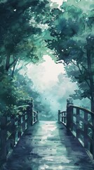 A bridge over a forest with a watercolor style