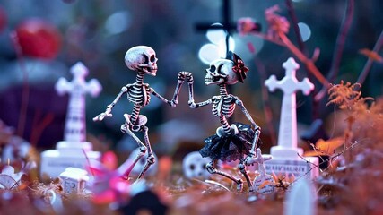 Dancing skeletons in cemetery with colorful floral accents at night