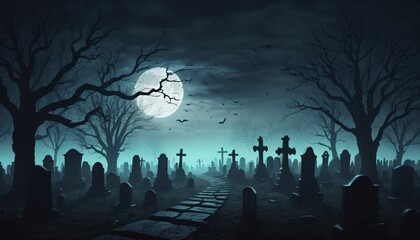 Horror scary cemetery at night with moon background