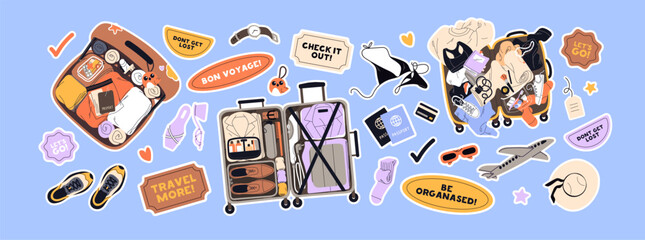 Sticker pack for plane travel. Set of open suitcases, hand baggage, luggage for journey. Bags are full of clothes, bikini, documents for summer vacation tour. Flat isolated vector illustrations