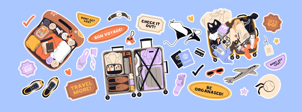 Sticker pack for plane travel. Set of open suitcases, hand baggage, luggage for journey. Bags are full of clothes, bikini, documents for summer vacation tour. Flat isolated vector illustrations
