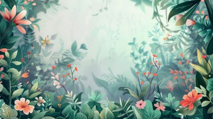Obraz premium A captivating illustration of a mystical forest with lush greenery, vibrant flowers, and delicate butterflies, creating an enchanting jungle atmosphere.