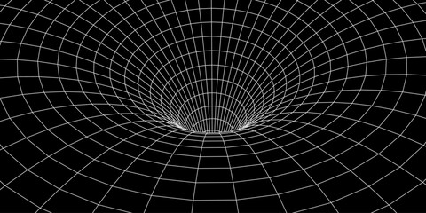 Wireframe abstract tunnel on black background. 3D tunnel grid. Futuristic 3d portal. Network cyber technology. Vector illustration.