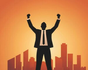 A silhouetted businessman celebrates success against a vibrant orange sunset, showcasing triumph and determination in an urban landscape.