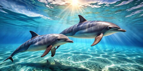 Fototapeta premium In the tranquil waters, two dolphins swim gracefully, embodying the stunning elegance of marine life and their