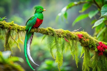 In the vibrant Costa Rican jungle, a magnificent resplendent quetzal displays its dazzling plumage, capturing the