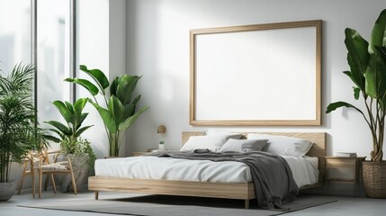 Contemporary bedroom interior with a large mockup frame on a crisp white wall, featuring simple furniture and plants, perfect for design mockups.