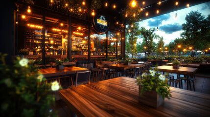 Obraz premium beautifully designed restaurant with warm lighting and lush greenery creates inviting atmosphere for diners. wooden tables and vibrant plants enhance cozy ambiance