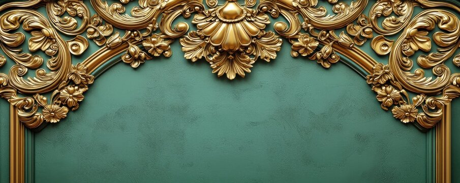 Fototapeta Luxurious 3D wallpaper with intricate green and gold ornate design for elegant interiors