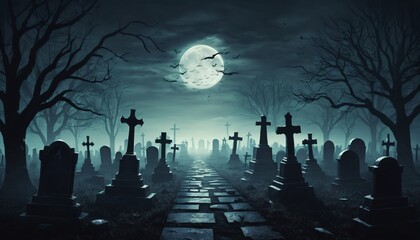 Horror scary cemetery at night with moon background