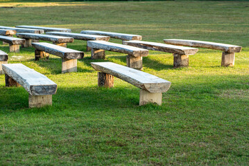 Rows of wooden benches on a green lawn on a sunny summer day