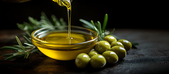 Pouring olive oil with fresh olives

