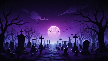 Horror scary cemetery at night with moon background
