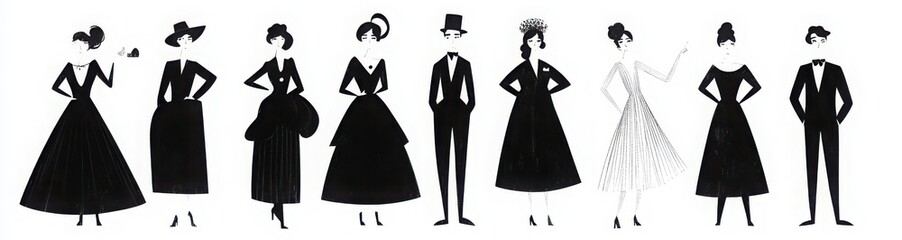 Each person is dressed in a distinct outfit from periods like the Roaring Twenties, the 1980s, or the Baroque era. A tiny vintage button in the middle adds an extra playful element. 