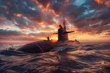 Beautiful large submarine floating in middle of ocean during mission
